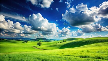Fototapeta premium Mysterious green meadow under a vast blue sky with white fluffy clouds , sonniger Tag, hohe h?gel