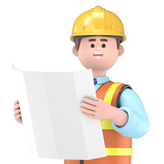 3D illustration of male engineer Owen with reading a drawing.Transparent Background Mockup.Supports PNG files with transparent backgrounds.