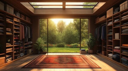 Sunlit WalkIn Closet with Nature View and Organized Storage Solutions