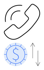 Telephone icon next to a dollar coin and bidirectional arrows. Ideal for communication, payment, finance, business, transactions, customer service, networking in a flat simple metaphor