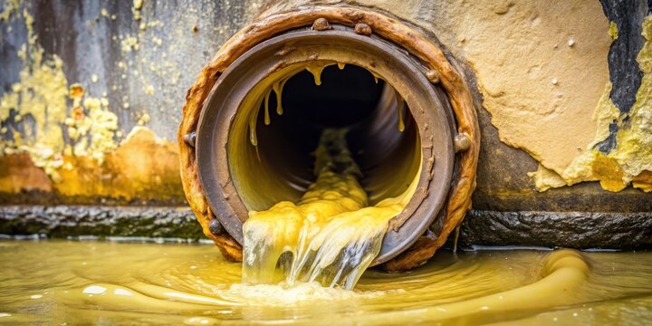 Grease clogs sewer pipe with yellowish thick sludge and gooey substance overflowing from drain , grease spill, dirty water