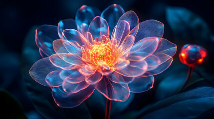 Obraz premium A beautifully lit flower with petals glowing against a dark background