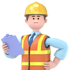 3D illustration of male engineer Owen looking at ipad and chatting. Transparent Background Mockup.Supports PNG files with transparent backgrounds.