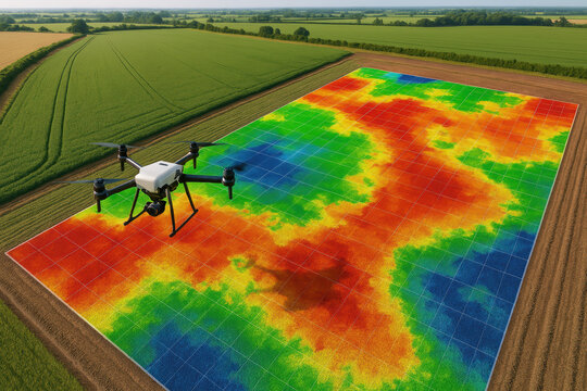 Drone analyzing agricultural field with infrared data mapping for precision farming