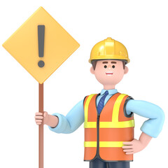 Fototapeta premium 3D illustration of male engineer Owen with exclamation mark in speech bubble. Transparent Background Mockup.Supports PNG files with transparent backgrounds.