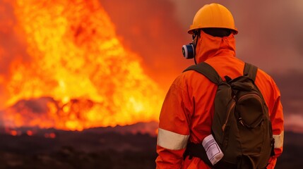 Naklejka premium Volcanologist Observing Erupting Volcano with Lava Flow in Dramatic Landscape at Sunset