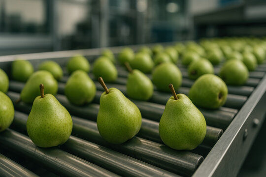 Green pears on conveyor belt in modern fruit processing facility
