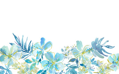 A transparent background with an abstract blue hibiscus, monstera, tropical foliage, and gold line art, painted in watercolor. A vector frame with tropical plants.