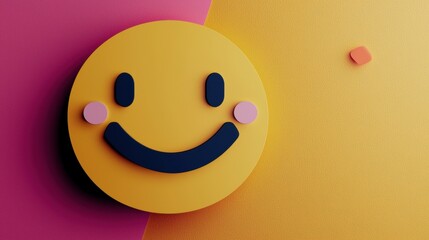 A cheerful 3D rendered yellow smiley face emoticon with pink cheeks smiles against a vibrant pink and yellow background.
