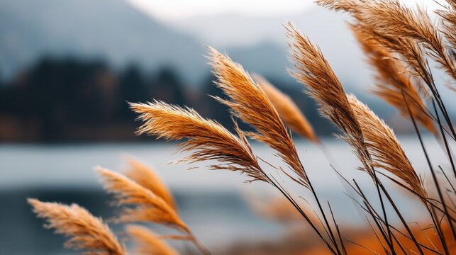 A serene landscape photograph showcases ly focused pampas grass swaying gently in the autumn breeze against a blurred backdrop of a tranquil lake and distant mountains