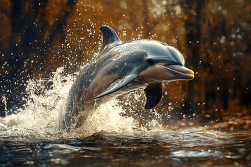 Fototapeta premium Dolphin leaps out of water in a stunning display of agility and grace near a serene forest backdrop
