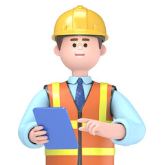 3D illustration of male engineer Owen with clipboard.Transparent Background Mockup.Supports PNG files with transparent backgrounds.