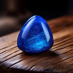 A blue object featuring a blue stone rests on a wooden surface