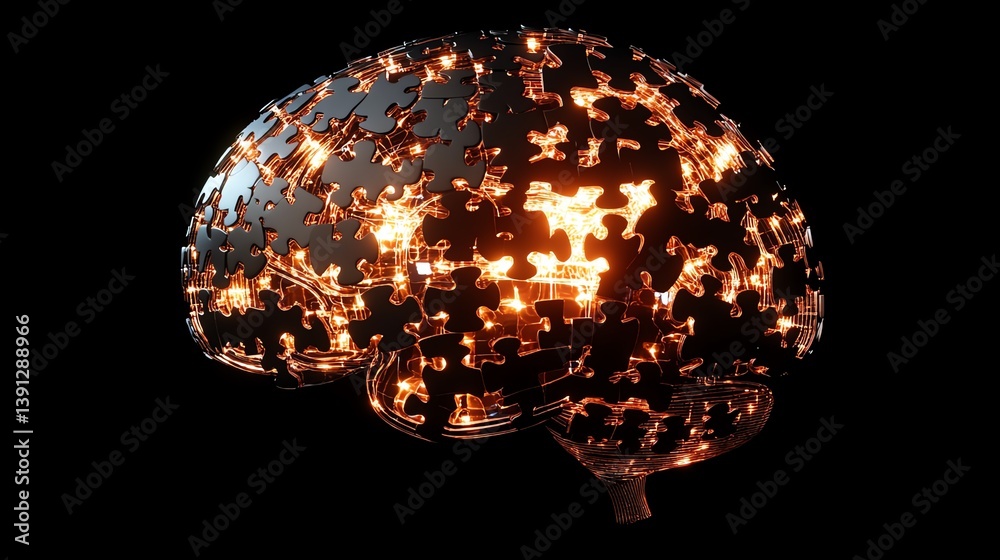 Poster digital brain concept illuminated with puzzle pieces showcasing complexity and creativity in thought