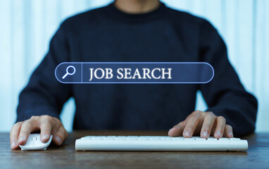 Man using laptop to search for job. Job search concept. People searching for job vacancies or...