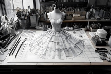 Fashion sketch showcasing a detailed design on a dress form in a creative workspace filled with art supplies