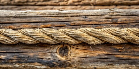 Fototapeta premium Old worn-out rope on a wooden beam with visible cracks and frays ready to snap under tension, wooden beam