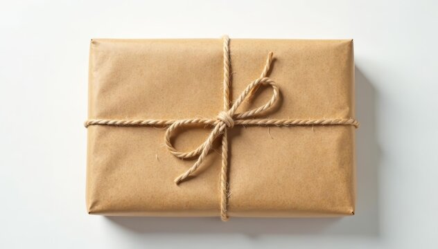 Vintage brown paper parcel with rustic twine bow on white backdrop, package, craft