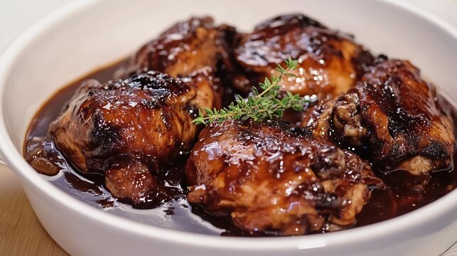 Serving of coq au vin with tender chicken in rich wine sauce garnished with thyme