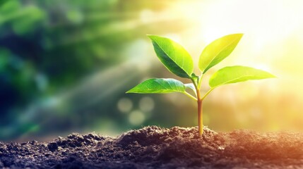 Young sprout emerging from soil, bathed in sunlight