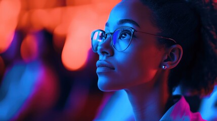 A cinematic representation of a tech leader showcasing her product at an international tech conference.