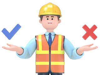 3D illustration of male engineer Owen standing confusedly to choose yes or no.Transparent Background Mockup.Supports PNG files with transparent backgrounds.