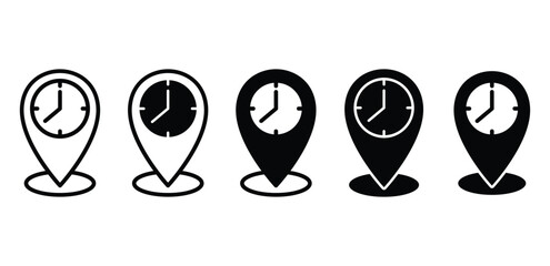 GPS Clock Icons Set Black and White Color Location Markers Time Pins Vector Design
