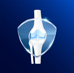Leg knee joint with transparent glass shield in front on blu background. Vitamin D and minerals calcium magnesium protect bone cartilage. Vector EPS10.