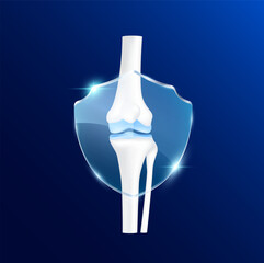 Leg knee joint with transparent glass shield in front on blu background. Vitamin D and minerals calcium magnesium protect bone cartilage. Vector EPS10.