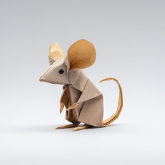 Origami mouse crafted from brown paper showcases intricate folds and details, capturing essence of this charming creature. delicate design highlights art of origami beautifully