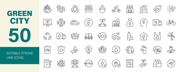 Green city icon set. Eco related line icons: environment, ecology, green energy, zero waste, CO2 neutral, air, water quality, nature and more. Editable stroke. Vector illustration.