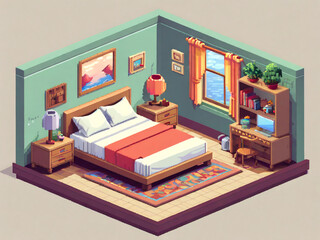 cute isometric bedroom room for game assets, gamedev, game consoles, npc, 8 bit, pixel art, AI generated