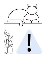 Line-art cat resting on a surface with potted plant and exclamation mark in a triangle. Ideal for alerts, attention, safety, pet care, warnings, decoration, mindfulness. Flat simple metaphor
