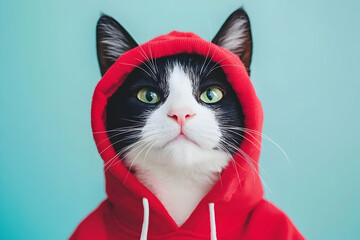 A cat in a red hoodie looks directly into the camera