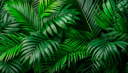 Tropic pattern with palm summer plant in nature. Leaves background green floral, jungle wallpaper exotic seamless. Spring foliage texture design.