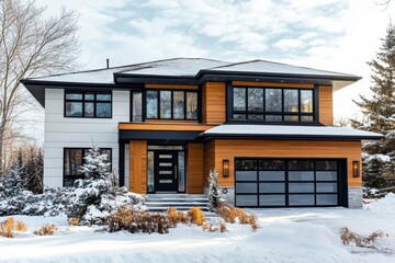 Modern, two-story home, winter scene, exterior.  Covered in snow with a mix of white and orange siding