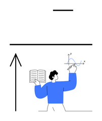Man drawing graph on whiteboard, holding a book, large upward arrow emphasizing progress and achievement. Ideal for education, tutoring, planning, strategy, growth guidance success. Line metaphor