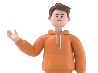 3D illustration of a smiling Asian male guy Qadir pointing finger at screen,Transparent Background Mockup.Supports PNG files with transparent backgrounds.