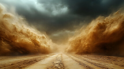 A dramatic dust storm engulfs a desert road with a dark sky