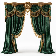Ornate green velvet curtains with gold trim and tassels against a white background studio shot isolated on white background