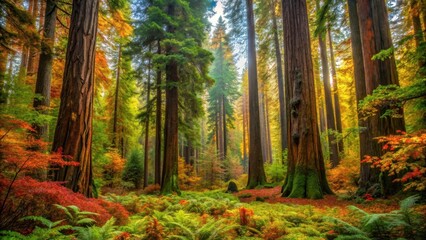 Fototapeta premium Dense red woods forest with towering trees and vibrant foliage, surrounded by lush green undergrowth and wildflowers, tree canopy, autumn leaves