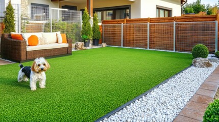 A charming backyard oasis featuring artificial grass, a dog, comfortable seating, and a modern wooden fence