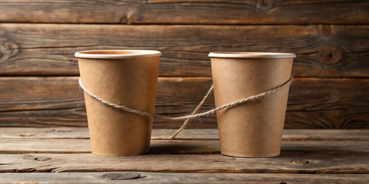 Two brown paper cups connected by string in a simple and rustic setup, evoking a sense of earthy simplicity and natural charm