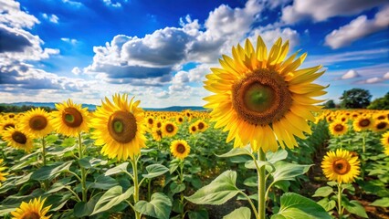 Obraz premium Large sunflowers blooming in a vast Asian agricultural field on a sunny day with bright blue sky and fluffy white clouds, surrounded by tall green stalks , sunny, fields