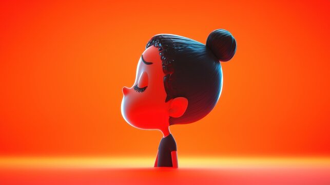 A stylized 3D render of a cute cartoon girl with dark hair in a bun against a vibrant orange background.