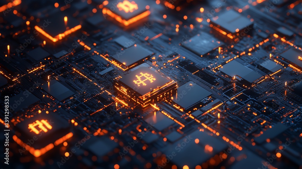 Poster close-up view of glowing computer processors arranged in a circuit board pattern at night