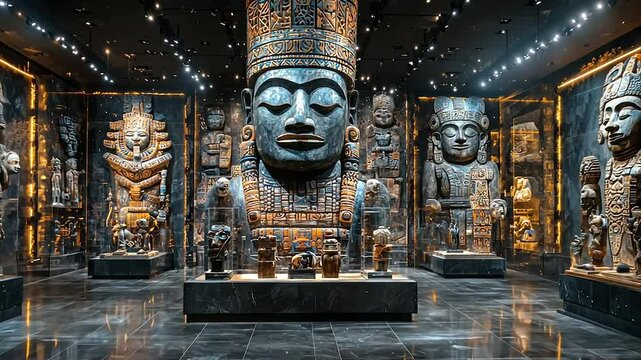 Dark, opulent gallery showcasing diverse ancient sculptures