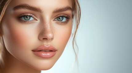 Fototapeta premium A woman with light brown hair and blue eyes is wearing makeup