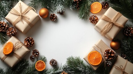 Festive Holiday Gifts Surrounded by Greenery and Decorative Accents