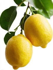 Two Fresh Yellow Lemons Hanging on a Branch with Green Leaves Against a White Background Bright and Vibrant Still Life Photography